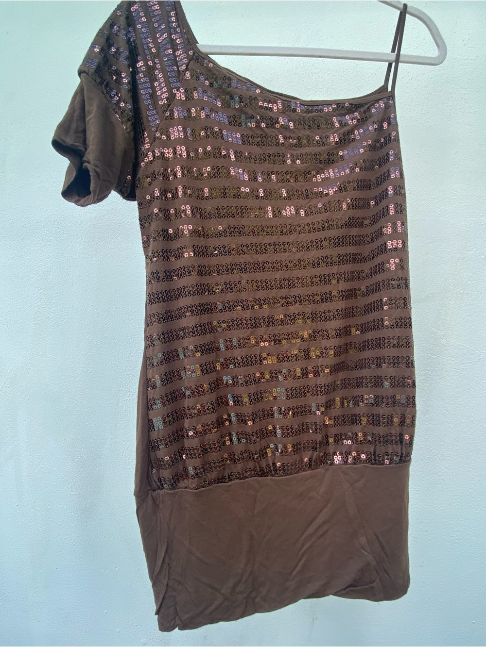Y2K Passport Brown Sequin One Shoulder Asymetrical Mini Dress Size XL